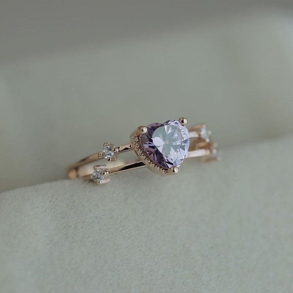 Sweet Heart Royal Purple Gemstone Zircon Double Layer Rings for Women, EVGG1474 - Picture 3 of 7